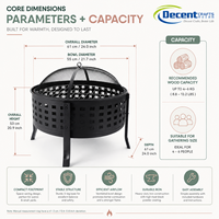 Brasero d'extérieur rond en fer avec grille de protection anti-étincelles et grille à bois, revêtement en maille à découpe carrée