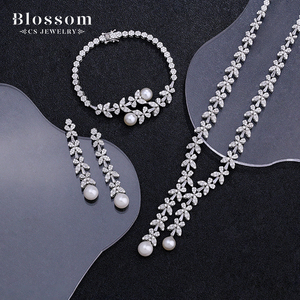 Blossom CS <span class=keywords><strong>Jewelry</strong></span> Factory Custom <span class=keywords><strong>Dubai</strong></span> 925 Sterling <span class=keywords><strong>Silver</strong></span> <span class=keywords><strong>Pearl</strong></span> Necklace Zirconia Bridal Wedding Fine <span class=keywords><strong>Jewelry</strong></span> Sets Para As Mulheres - Product Image 2