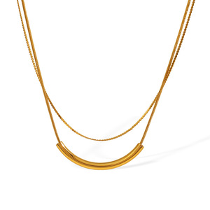 European American Trendy Double Layer Gold Plated <b>Titanium</b> Steel Necklace Geometric Design Short Clavicle <b>Chain</b> For Women - Product Image 5
