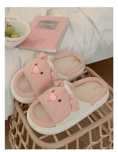 Pantoufles en lin de coton de cochon mignon à la mode, pantoufles d'extérieur d'été pour femmes, pantoufles confortables en mousse à mémoire de forme