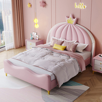 Lit pour enfants en cuir rose avec couronne Lit de rangement rembourré au design simple pour filles Ensemble de lit double princesse moderne pour enfants