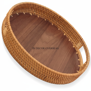 Bandeja personalizada de lujo para servir comida en el hogar y el hotel hecha de madera de ratán de calidad superior de forma redonda de Diseño Estándar simple - Product Image 1