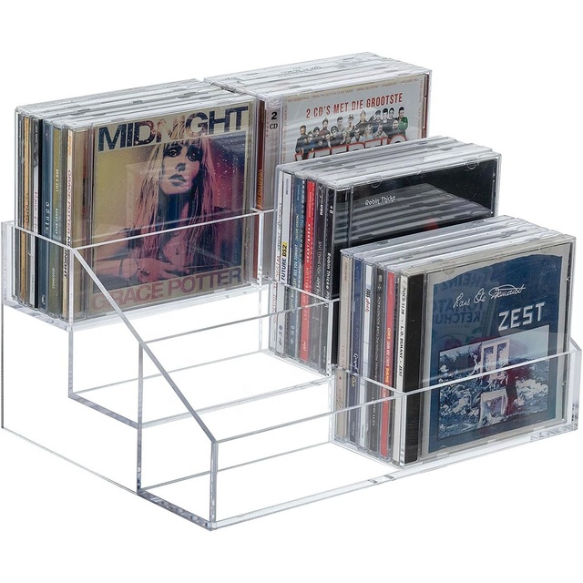 Premium Eco-Friendly Recyclable Clear Acrylic 3 Tier Cascading CD Storage Rack Tabletop Compact Disc Case Holder Media Organizer