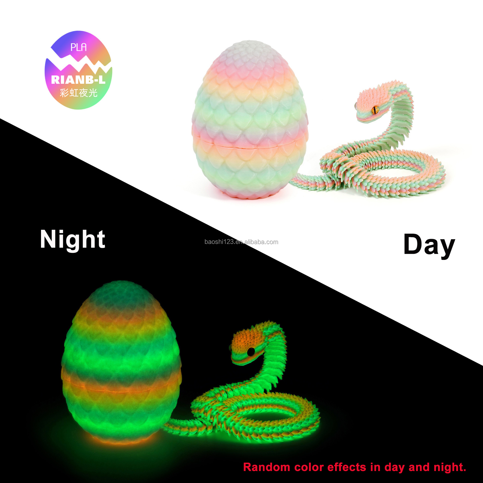 Oeuf de dragon 8,5 cm + Vipère 30 cm - [Phosphorescent] Arc-en-ciel
