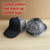 Topi Baseball 5 Panel Berkualitas Tinggi Sublimasi Polos Hitam Model Trucker dengan Tali, Custom Motif Leopard, Topi Trucker Berbahan Mesh Busa