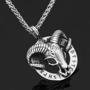 MECYLIFE Odin Sign North Viking Necklace Stainless Steel Goat Horn Pendant Necklace Engraved Rune Scripture Mens Charm Pendants