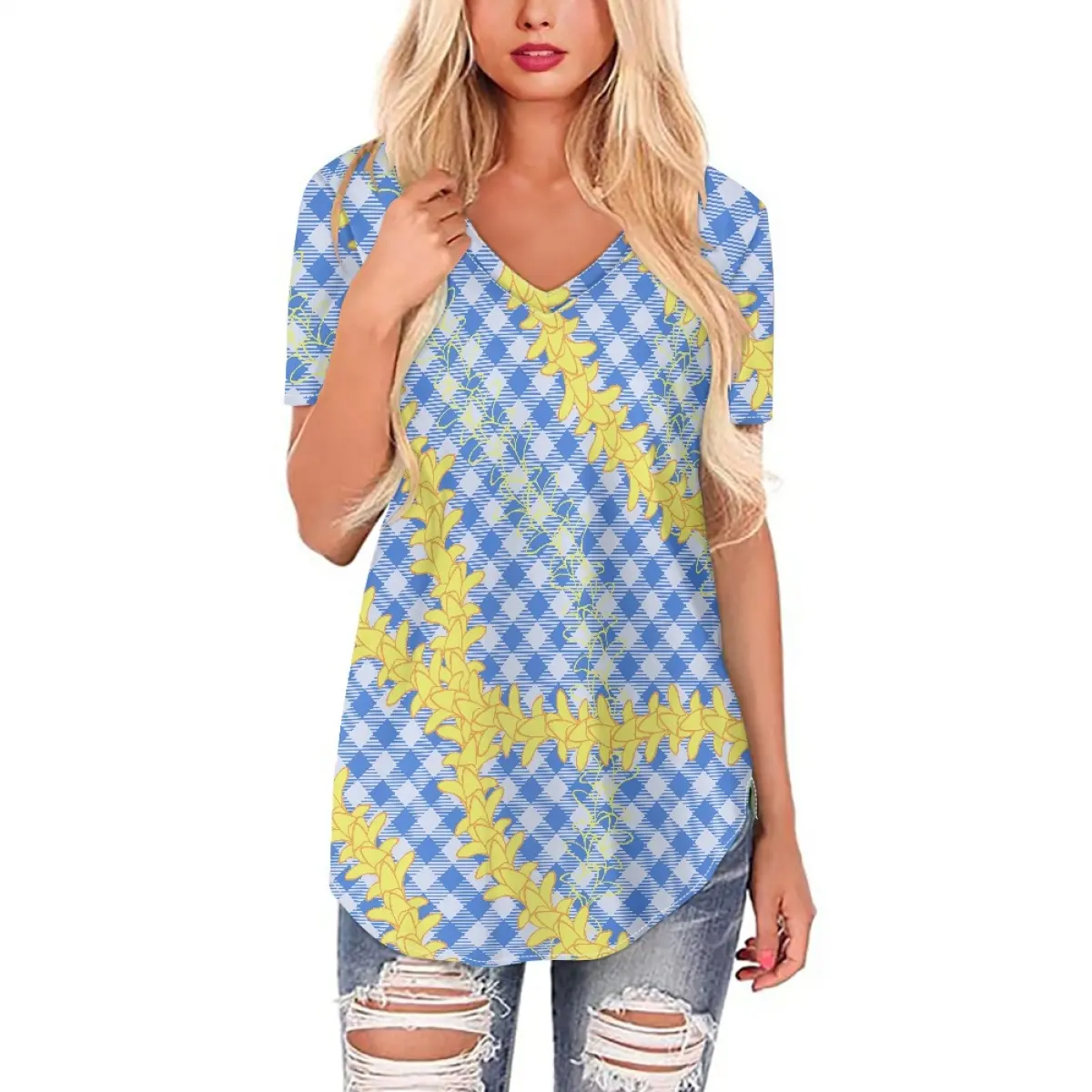 2024 Summer Hawaii Palaka Printing Customization On Demand Plus Size Polyester Wamen's Top