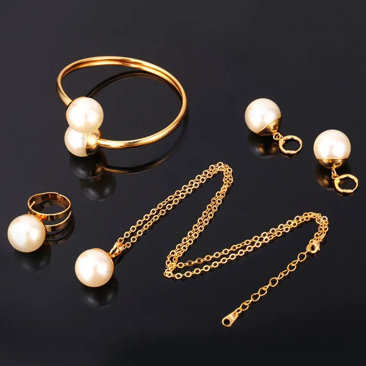 Fashion wholesale brass 18k gold plated wedding bridal women pearl earings and necklace sets