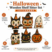 Décor de table autoportant vintage en bois vieilli pour Halloween, ensemble de figurines à poser sur étagère, double couche, avec mignonnes chauves-souris, hiboux, fantômes et citrouilles