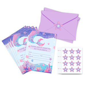 Huancai sirène fête Invitations 12 pièces cartes de voeux avec enveloppes sceau autocollants violet pour enfants fête d'<span class=keywords><strong>anniversaire</strong></span> fournitures - Product Image 1