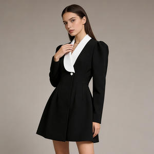 Traje estilo francés dulce y elegante 2025, nuevo, en contraste blanco y negro, con cuello en V, manga larga, corto, con botones de grano y cintura ajustada. - Product Image 6