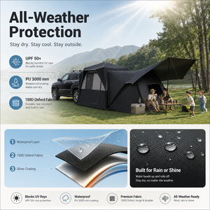 Tente de camping pour SUV, système de fixation sur <span class=keywords><strong>hayon</strong></span>, deux chambres, 5-8 personnes, PU 3000mm imperméable, UPF 50+, Oxford 150D, installation rapide en 3 minutes, quatre saisons - Product Image 5
