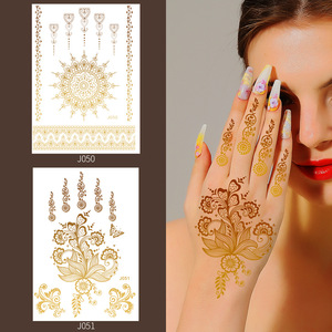Autocollants de tatouage au henné indien, tatouages temporaires à transfert d'eau avec feuille d'or pour l'art corporel et des mains J050 J051 - Product Image 1