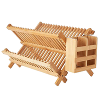 Égouttoir de cuisine pliable à 2 niveaux en bois écologique Égouttoir à vaisselle en bambou avec ustensile Ensemble de porte-couverts