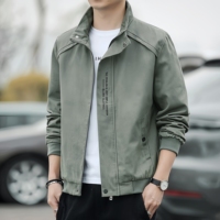 Veste décontractée pour homme vert olive à col montant et fermeture éclair, manteau élégant avec poches obliques et détails à boutons-pression