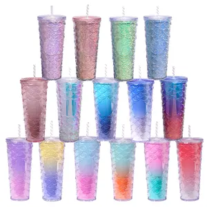 New Arrival Multi-color Fish Mermaid Scale Glitter 24oz Plastic Tumbler Portable Drink Cup Transparent Diamond Cup With Straw