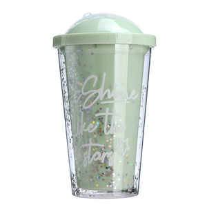 Double Walled Plastic Straw Cup With Sliding Lid Sequined Water Bottle For Students Back To School 2 Piece Set - Product Image 5