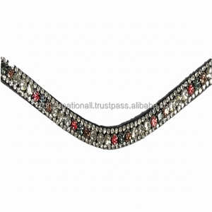 Personalizado Multicolor Tres Filas Cristales Diamante Bling cadena Forma Curva Negro Inglés Cuero Caballo ceja banda para brida - Product Image 1