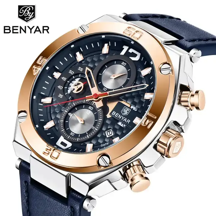 Benyar 5151 Professional Quartz Watch Leather Strap Material Chronograph  Business Reloj Fashion Casual Luxury Watches for Men