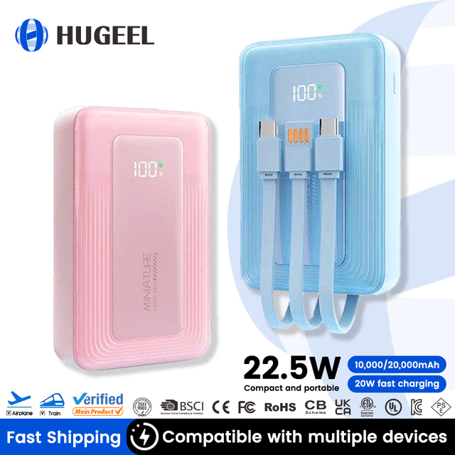 Wholesale High Quality Portable Powerbank 20W Fast Charging Power Banks 10000mah 20000mAh Phone Powerbanks with Cable LED Light