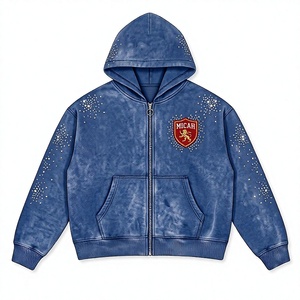 Sweat-shirt à capuche zippé pour homme MICAH LEGEND, 100% coton, uni, bleu vintage, broderie en strass, coupe classique, pour l'automne - Product Image 1