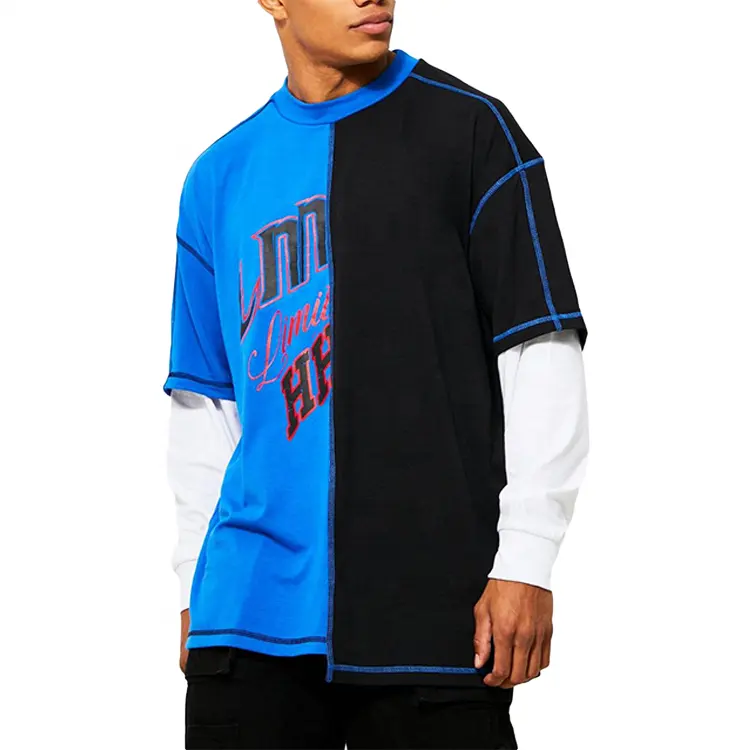 Finch Garment Streetwear Hip Hop Color Block Tshirt Custom Printing Mens Oversized Tees Contrast Stitch 2 Tone T Shirt