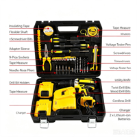 Boîte à outils de réparation domestique tout-en-un, kit perceuse électrique sans fil 21V, 2 batteries, chargeur rapide, embouts de perçage, douilles, pinces, OEM