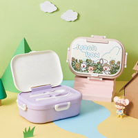Boîte à lunch bento en plastique pour enfants, dessin animé, 1 à 2 L, avec compartiments alimentaires, cuillère, fourchette, fermetures sécurisées sur les quatre côtés, compatible micro-ondes
