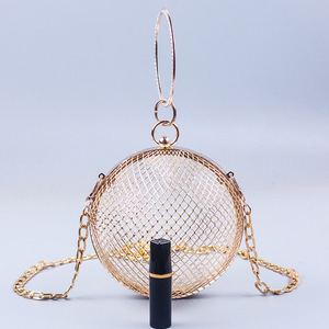 <span class=keywords><strong>Bolso</strong></span> de noche tipo jaula esférica de malla metálica plateada y dorada para mujer, con asa de anillo de diseñador, ideal para bodas y fiestas. - Product Image 2