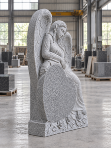 Statue d'ange de style américain traditionnel pour cimetière, pierre tombale avec sculpture de rose, monument en granit gris, marque américaine, modèle 02 - Product Image 4
