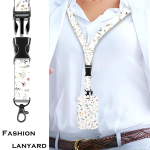White floral print 360-degree rotating anti-loss keychain for cruise ships, polyester printed lanyard, <b>document</b> protector set - Product Image 4