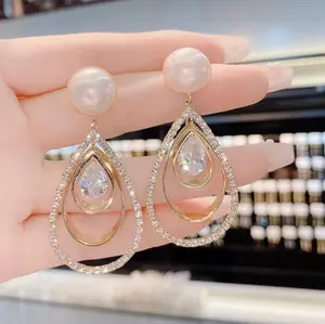 Colorful Pearl Double Layer Water Drop Earrings For Girls Fashionable And Exaggerated Set Earrings With Rhinestone