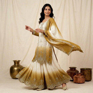 Ensemble Lehenga pour femme en Georgette brodée, Ombré blanc et or, Longueur ras du sol, Coupe classique, Tenue de mariage traditionnelle Inde Pakistan - Product Image 1