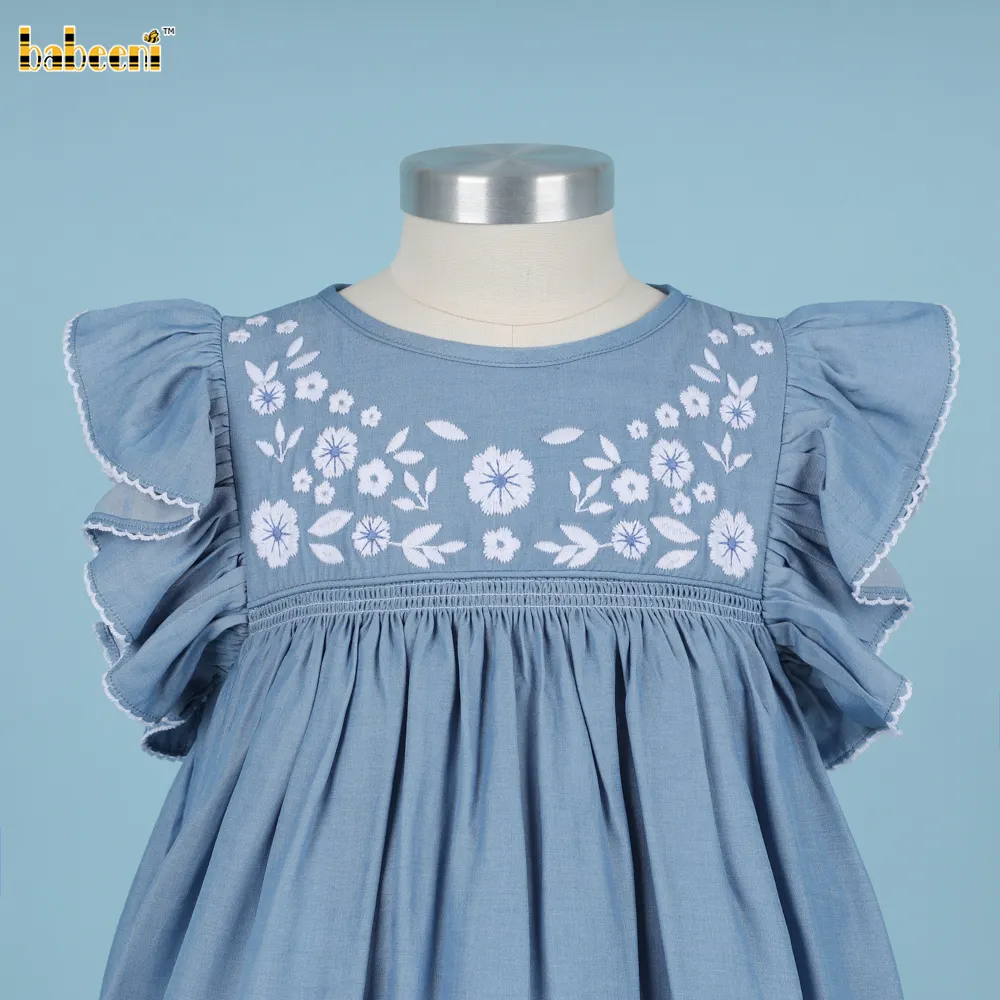 Ragazza fiori ricamati vestito blu OEM ODM kid smocked baby Dress smocked Girl dress abbigliamento per bambini all'ingrosso-DR3804