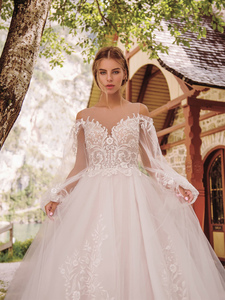 Vestidos de Novia con Escote Ilusión, Mangas Farol Completas, Corte en A, Apliques de Lentejuelas, Gran Oferta, Vestidos de Novia Largos Hasta el Suelo - Product Image 3