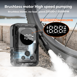 Nouvelle <span class=keywords><strong>pompe</strong></span> à air <span class=keywords><strong>sans</strong></span> fil ETENWOLF S0 avec affichage numérique et gonflage rapide 150 PSI, batterie 2400 mAh, noire, pour vélos, pneus de voiture et ballons - Product Image 2