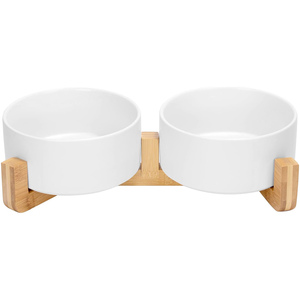 Doe Raised Ensemble de gamelles pour chiens et chats en céramique à alimentation lente avec support en bois antidérapant portable blanc uni motif Love - Product Image 1