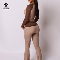 Ensemble de yoga côtelé deux pièces pour femme : haut court à manches raglan color block personnalisé et pantalon évasé – Tenue de sport et de détente