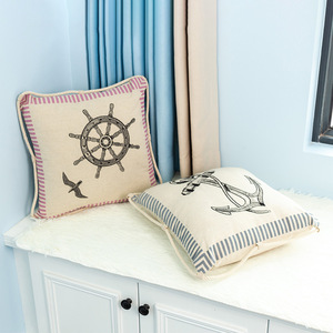 Marine Embroidered Cotton Linen <b>Throw</b> <b>Pillow</b> Square With Filling Decorative Cushion For Sofa And Home - Product Image 1