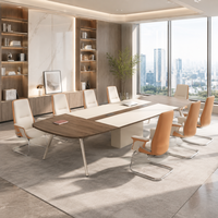 Ensemble de table de conférence moderne bicolore en bois, table de luxe à quatre pieds avec chaise visiteur cantilever en cuir pour projet de bureau