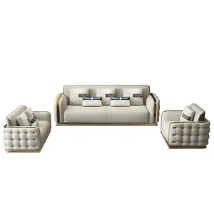 Sofa kulit mewah Modern dengan tiga kursi, Sofa kulit tarik Amerika, spons furnitur ruang tamu sambungan abstrak CN;GUA