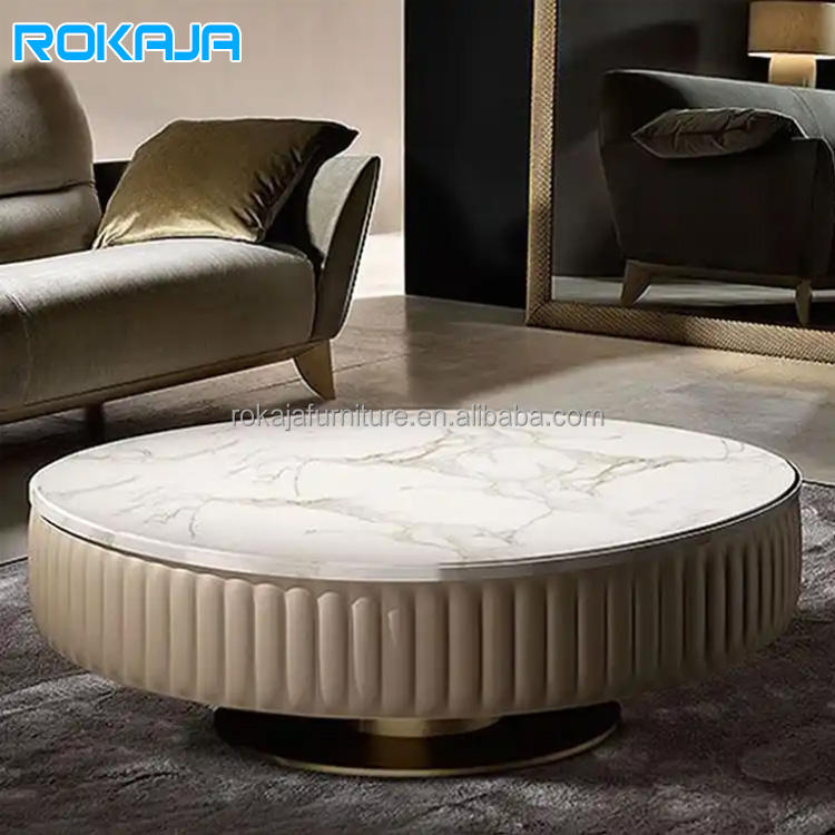 Luxury Round Marble Top Coffee Table Living Room Metal Base Center ...