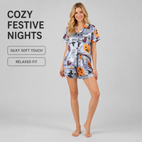 Ensemble de pyjama décontracté pour femme, Halloween, gris, en polyester satiné, imprimé citrouille et fantôme, manches courtes, short, 2 pièces, vente en gros
