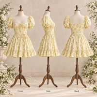 Robe Courte Imprimée Florale pour Femme, Légère, Tissée, Col Nœud Papillon, Manches Bouffantes, Jupe Évasée à Volants, Coupe Trapèze