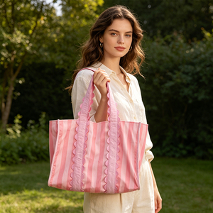 Nouveau Sac Fourre-tout Rayé en Toile Style Preppy pour Femmes et Filles 2026 avec Volants Festonnés - Product Image 2