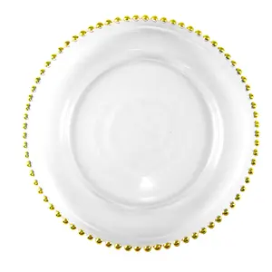 Hot Sale Wedding Decoration Dinnerware Sets Gold Beaded Clear Glass Charger Plates Fruit Dinner Plate