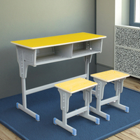 Ensemble bureau et chaise d'étude 2 places en contreplaqué jaune moderne, durable et écologique, avec structure en acier, style indonésien, pour école, maison, bureau, chambre