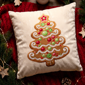 Funda de Almohada Navideña Personalizable de Terciopelo Crema Vintage con Diseño Bordado de Árbol de Jengibre, Cierre de Cremallera, Extraíble - Product Image 1