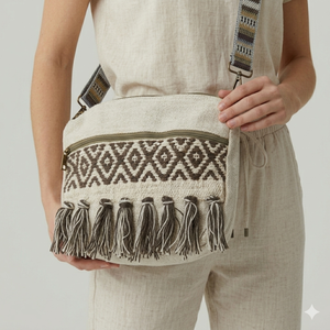 Bolso de mano tejido con patrón geométrico, ribete de flecos y diseño textil decorativo para mujeres, ideal para atuendos casuales y eventos especiales. - Product Image 4