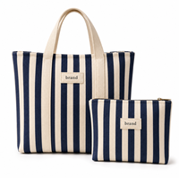 Sac fourre-tout en toile rayée bleu marine durable et pochette assortie – Sac à main en coton à rayures esthétiques, grande capacité, sac de courses réutilisable